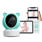 Baby monitor with a screen displaying a baby and a smartphone showing the same view.