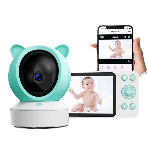 Baby monitor with a screen displaying a baby and a smartphone showing the same view.